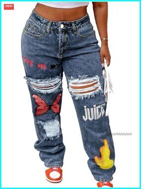 Distressed High Waist Straight Leg Jeans Plus Size Ripped Denim
